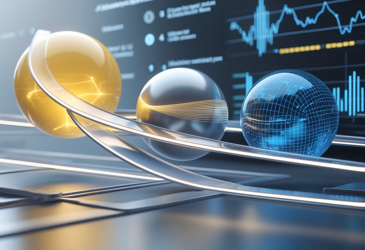 Three interconnected glowing spheres representing energy, speed, and accuracy, connected by bridges that balance their relationship, set against a background of flowing data streams and adaptive waveforms.
