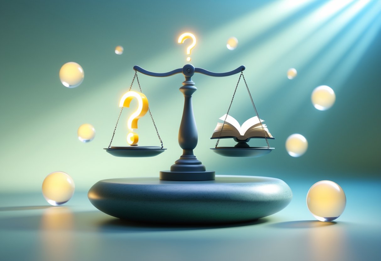 A balanced scale on a stone pedestal with a glowing question mark on one side and a glowing book on the other, surrounded by floating spheres against a calm blue-green background.