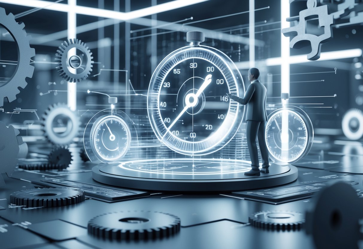 A person in a futuristic lab interacting with holographic stopwatches and speedometers surrounded by abstract obstacles representing challenges in measuring adaptation speed.
