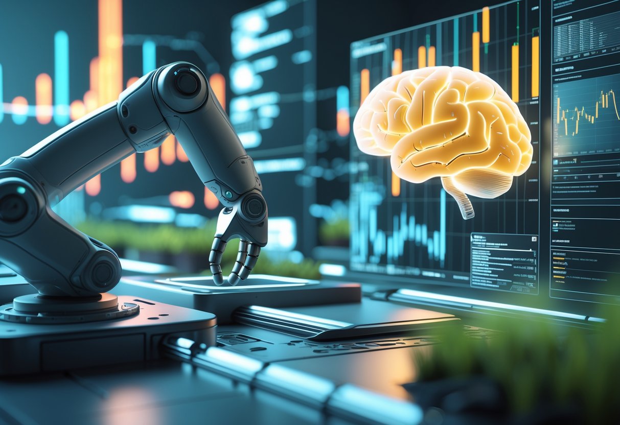 A futuristic scene showing a robotic arm adjusting a machine, a glowing brain with active neural pathways, and dynamic data displays, all representing fast adaptation in technology, nature, and society.