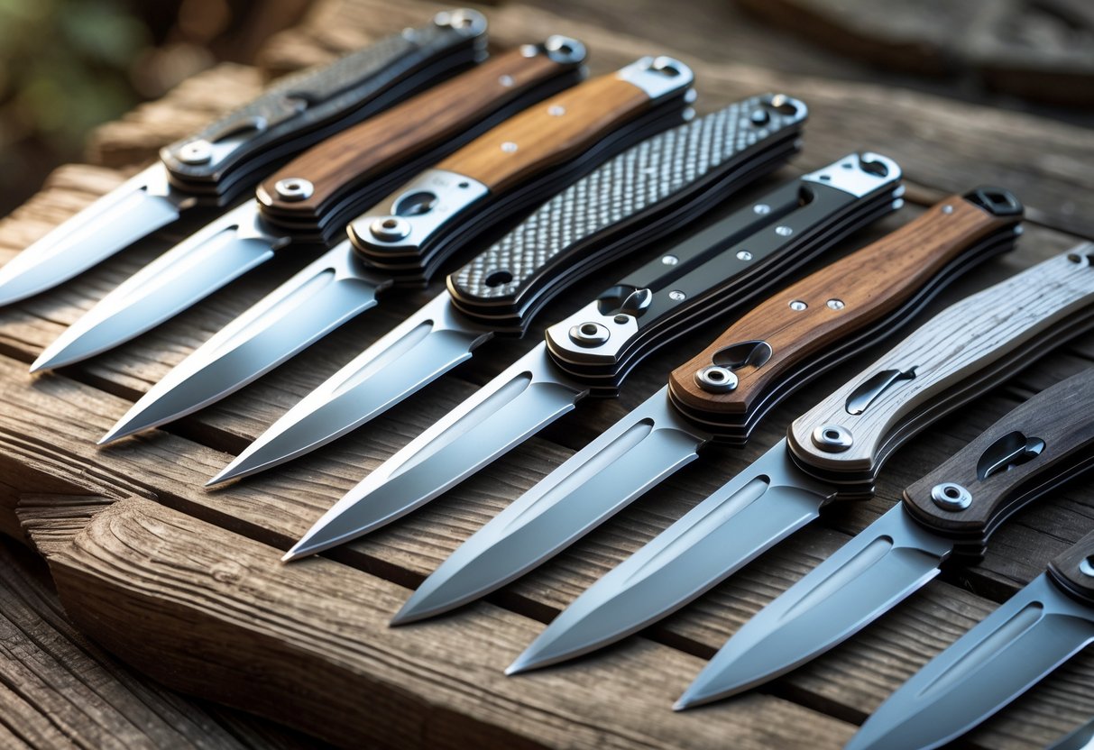 A collection of different pocket knives displayed on a wooden surface, showing various blade and handle designs.