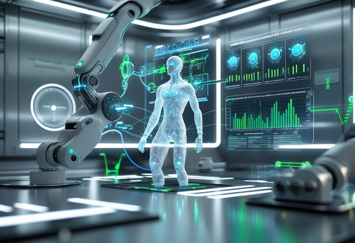 A futuristic laboratory with a humanoid figure connected to sensors surrounded by holographic projections of data and neural networks, representing rapid adaptation and speed.