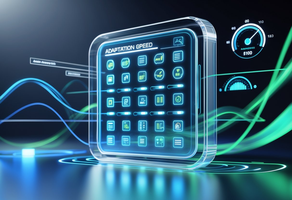 A 3D scene showing a floating digital panel with question and answer icons surrounded by flowing lines and arrows indicating fast movement and data flow.