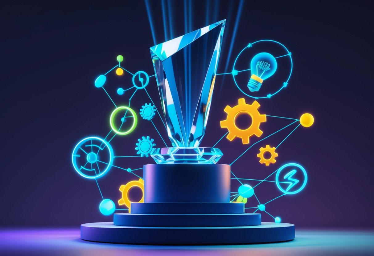 A 3D scene showing a glowing crystal trophy on a pedestal surrounded by colourful abstract shapes symbolising ideas and creativity.