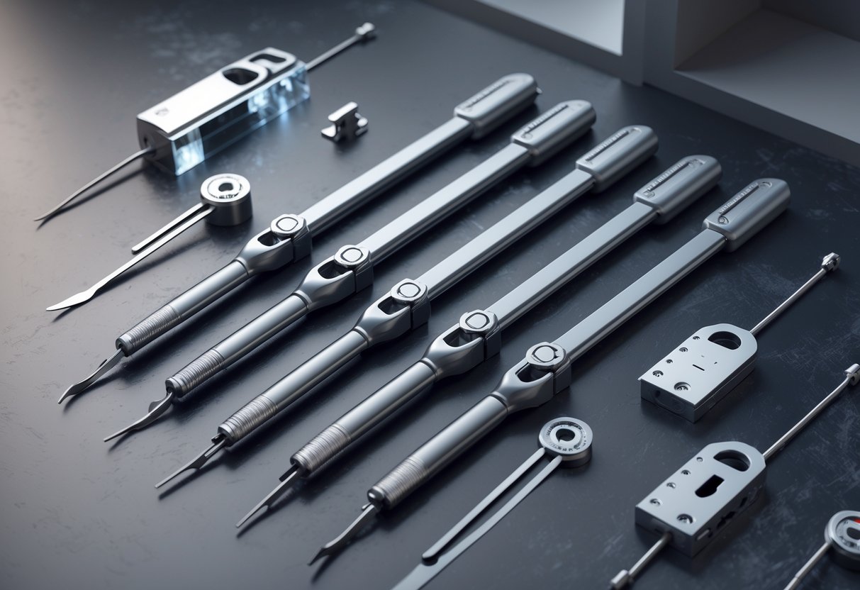 A collection of pocket picks and various locking mechanisms displayed together, showing detailed tools and internal lock components.