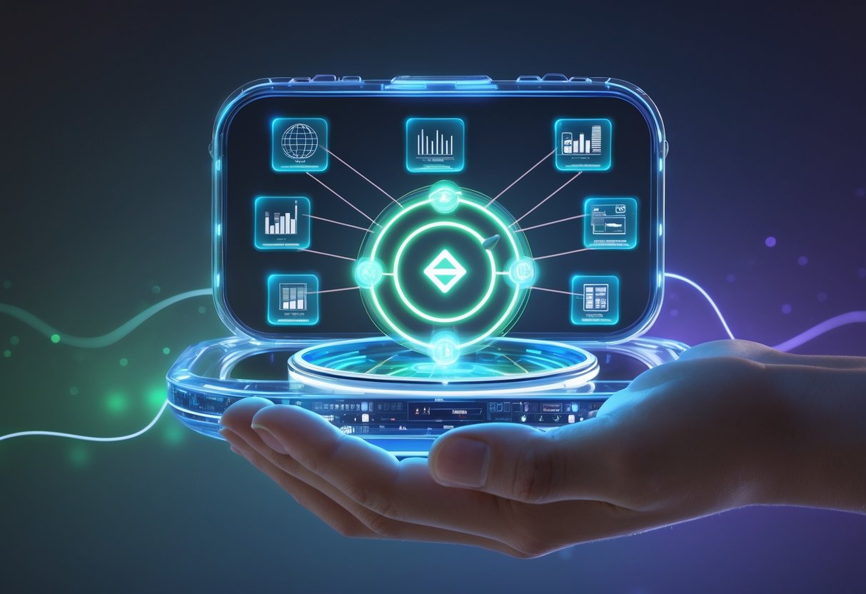 A hand holding a transparent digital pocket device displaying floating holographic icons and graphs connected to a central value symbol.