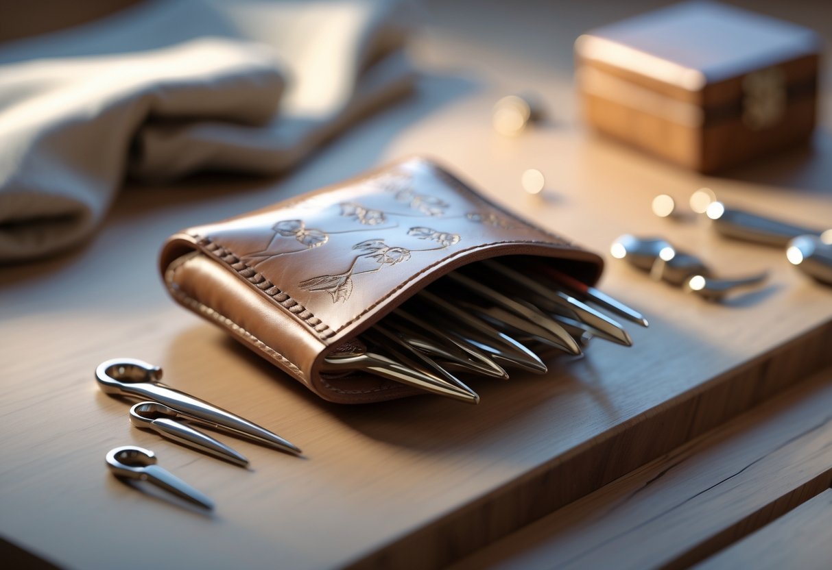 A small leather pocket slightly open showing shiny pocket picks inside, resting on a wooden surface with soft lighting.