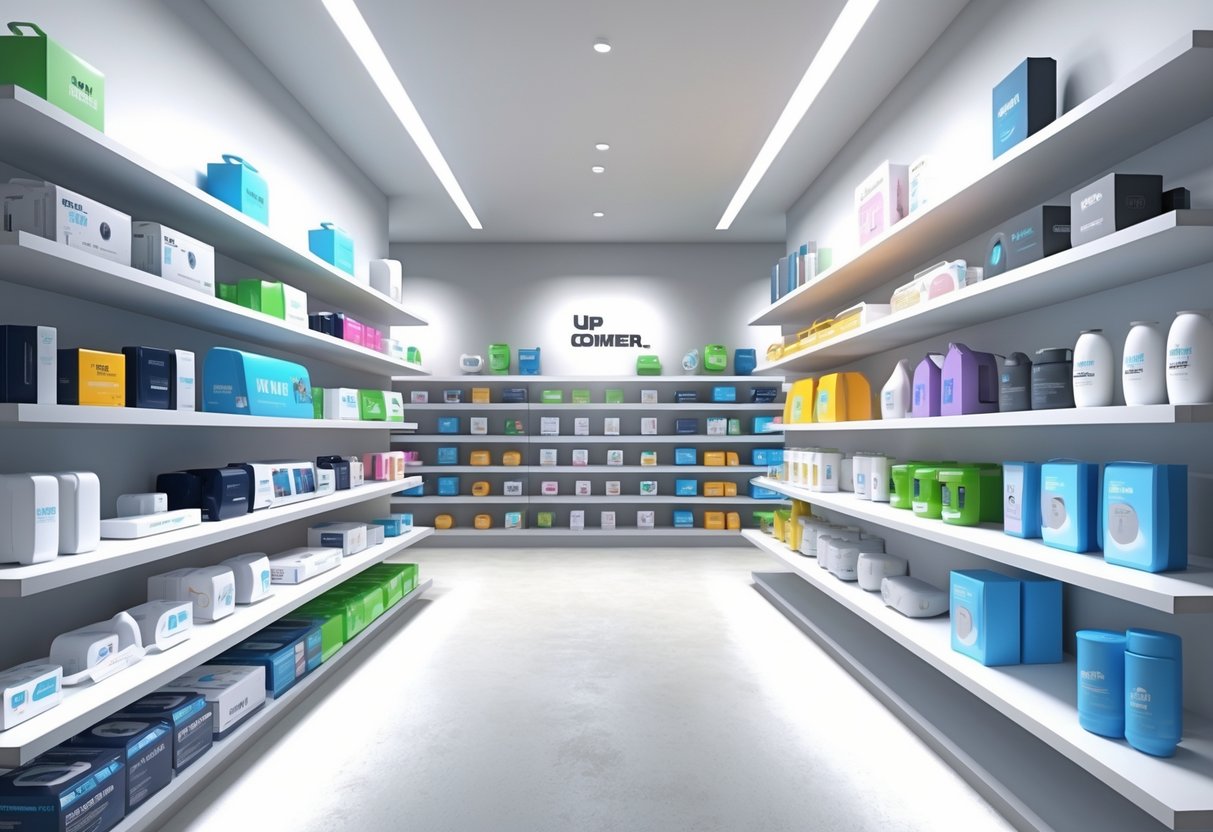 A retail display showing various value brand products arranged on shelves in a bright, modern store.