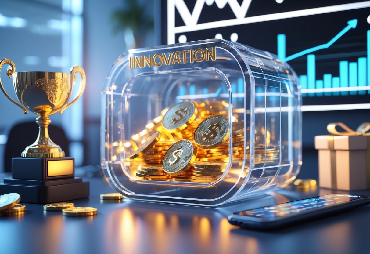 A futuristic scene showing a digital vault with floating gold coins and banknotes, surrounded by a trophy, a smartwatch, and a glowing gift box in a modern office setting.