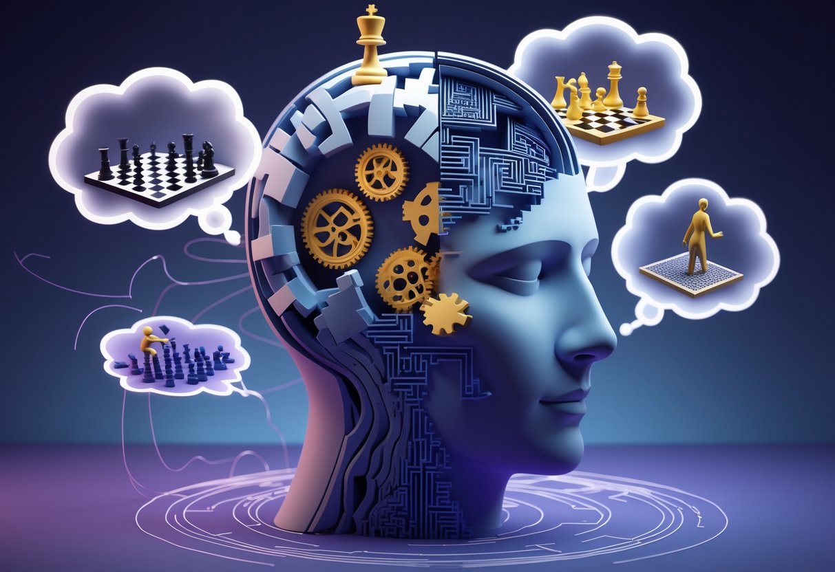 A human head opened like a puzzle showing gears, mazes, and chess pieces inside, surrounded by floating scenes of chess, a labyrinth, card games, and a puppet master controlling a figure.