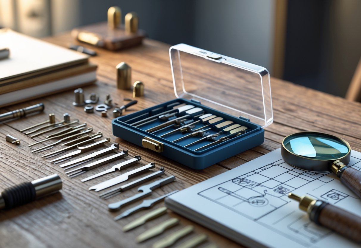 A 3D scene of a wooden table with various small lock picking tools, a transparent case, a notepad with lock diagrams, and a magnifying glass.
