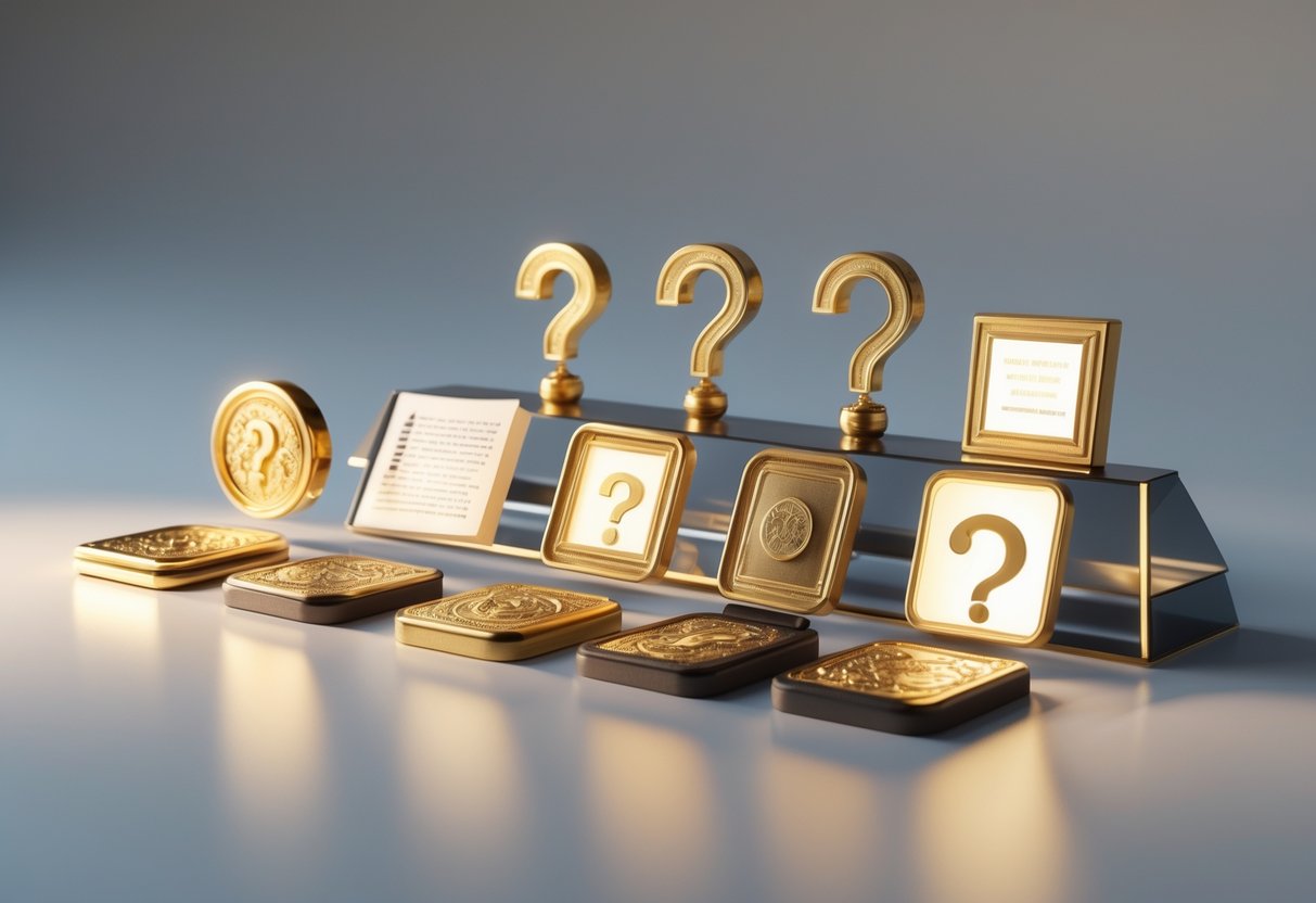 A collection of small pocket-sized objects including tiny gold coins, an open book, and question mark-shaped tokens arranged on a reflective surface.