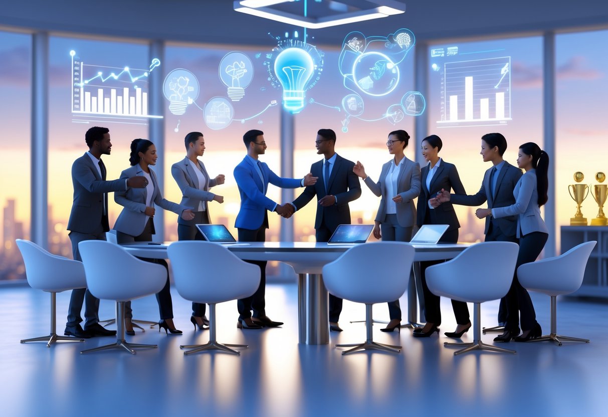 A group of professionals collaborating around a table with floating holographic charts and lightbulb icons, exchanging ideas and shaking hands in a modern office with trophies on a shelf.