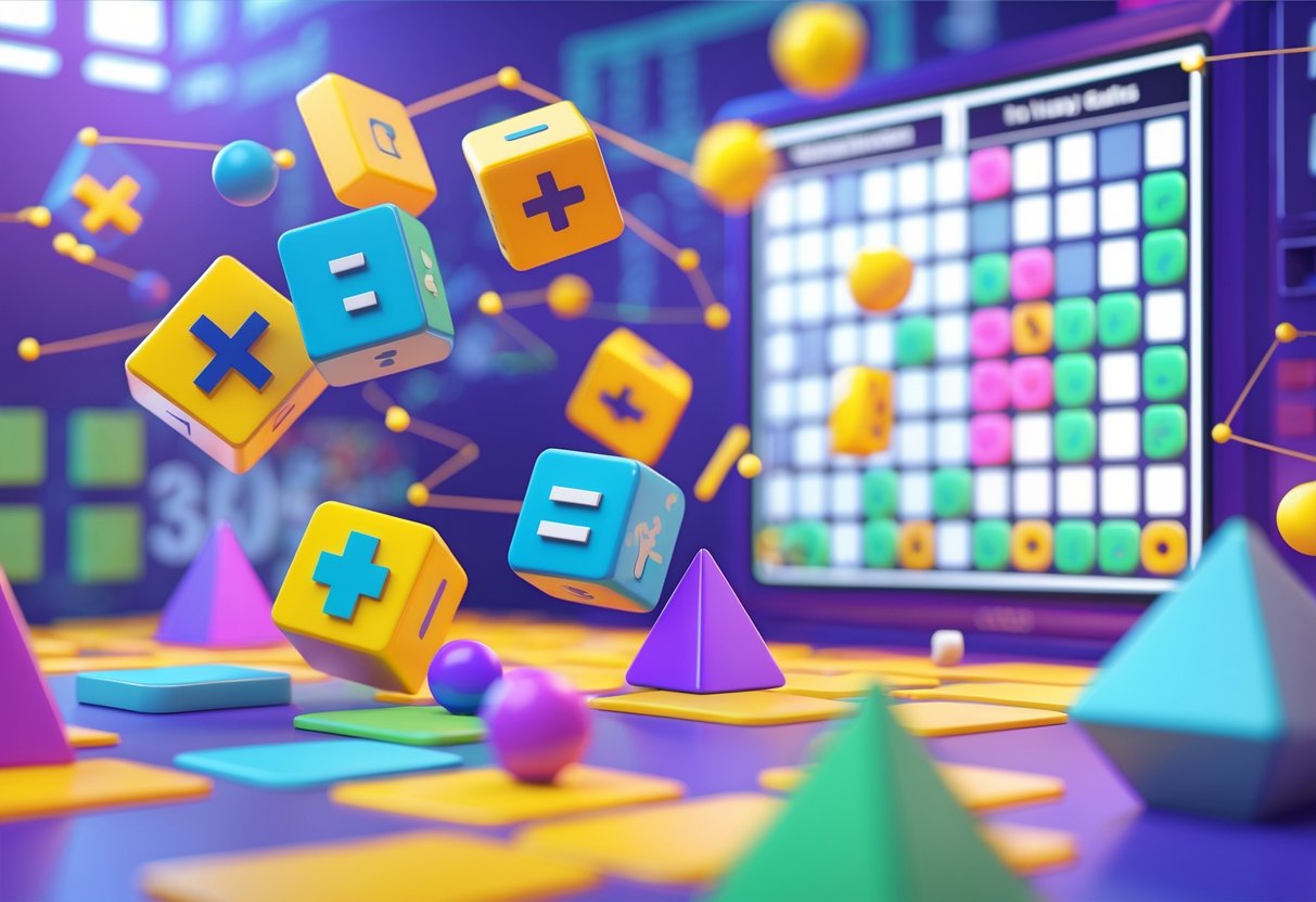 A colourful 3D scene showing floating geometric shapes, number blocks, and a digital logic puzzle game board representing math games for logical thinking.