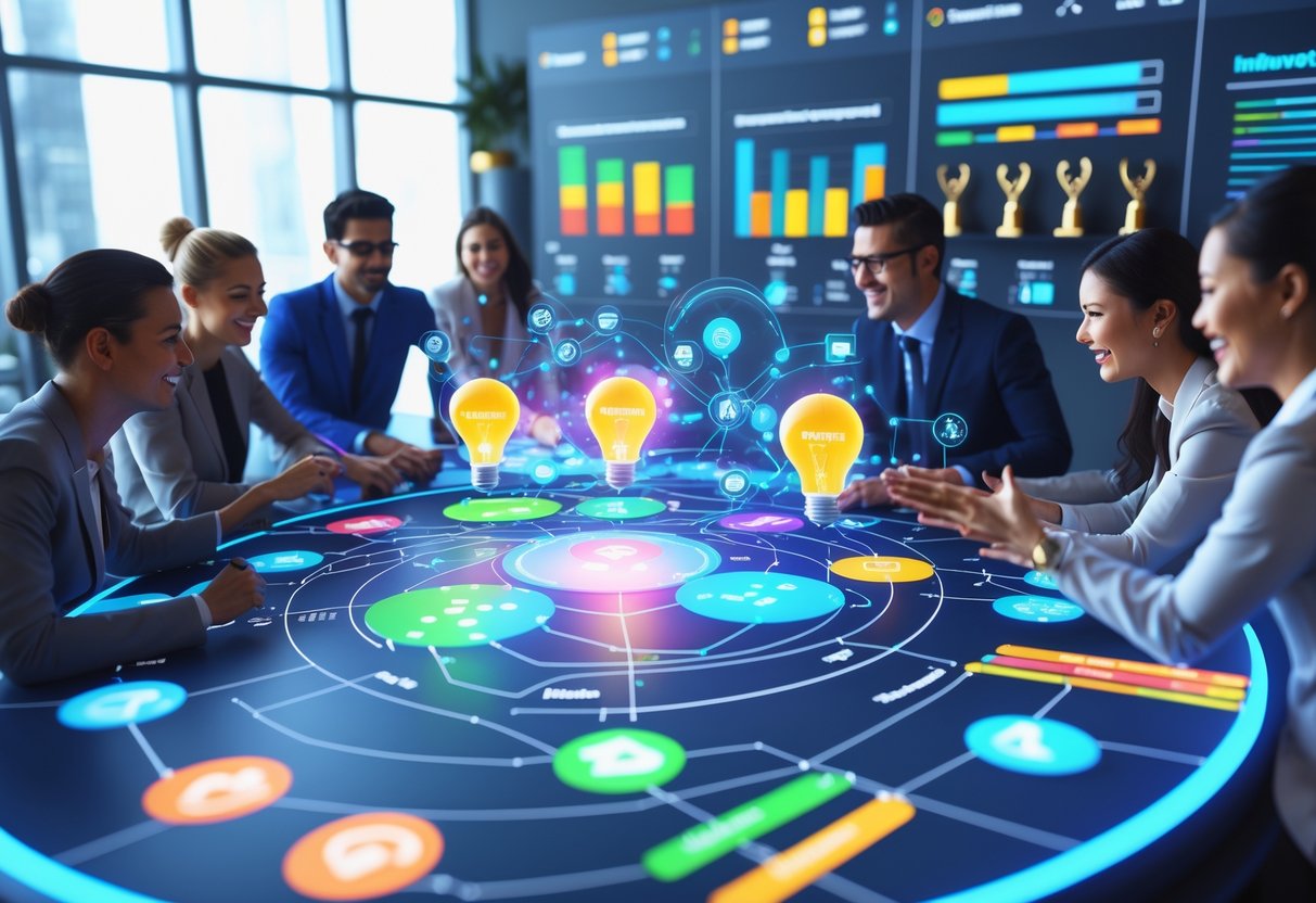 A group of people working together around a digital table with charts and glowing icons, surrounded by screens and awards in a bright, modern workspace.