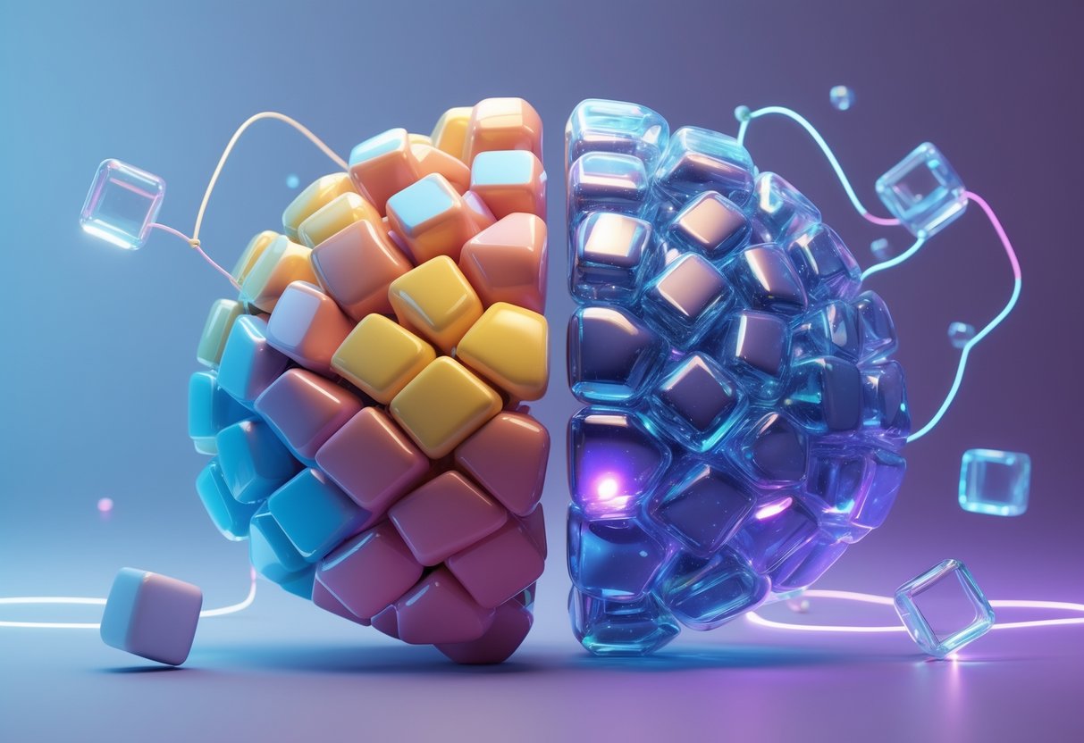 A 3D scene showing a brain-shaped puzzle with pieces increasing in complexity from left to right, surrounded by floating shapes connected by glowing lines against a gradient background.