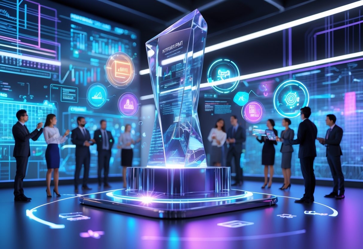 A futuristic workspace with people interacting around a glowing award pedestal surrounded by digital charts and holograms symbolising innovation and achievement.