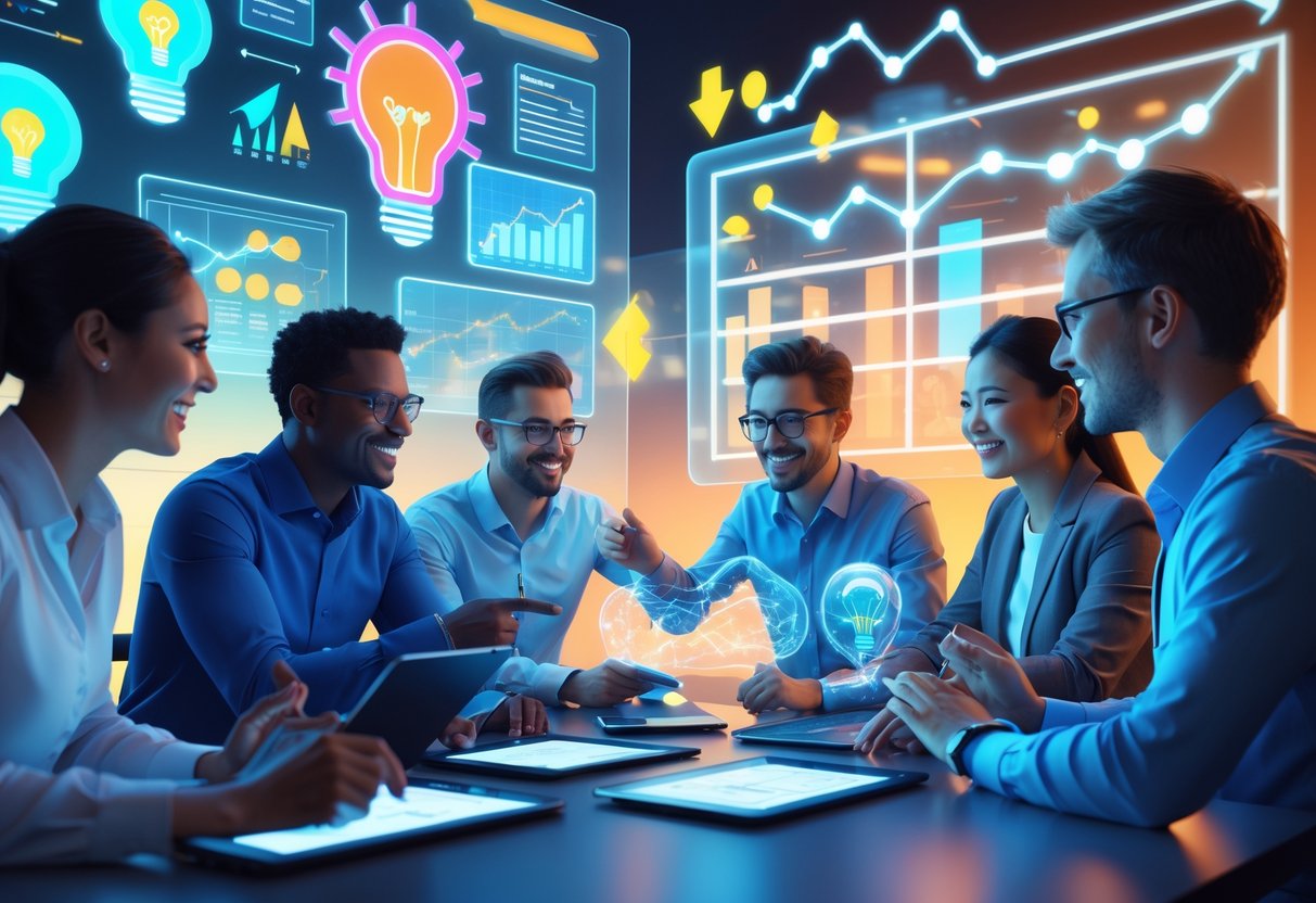 A group of employees working together in an office, sharing ideas with digital screens and a rewards display in the background.