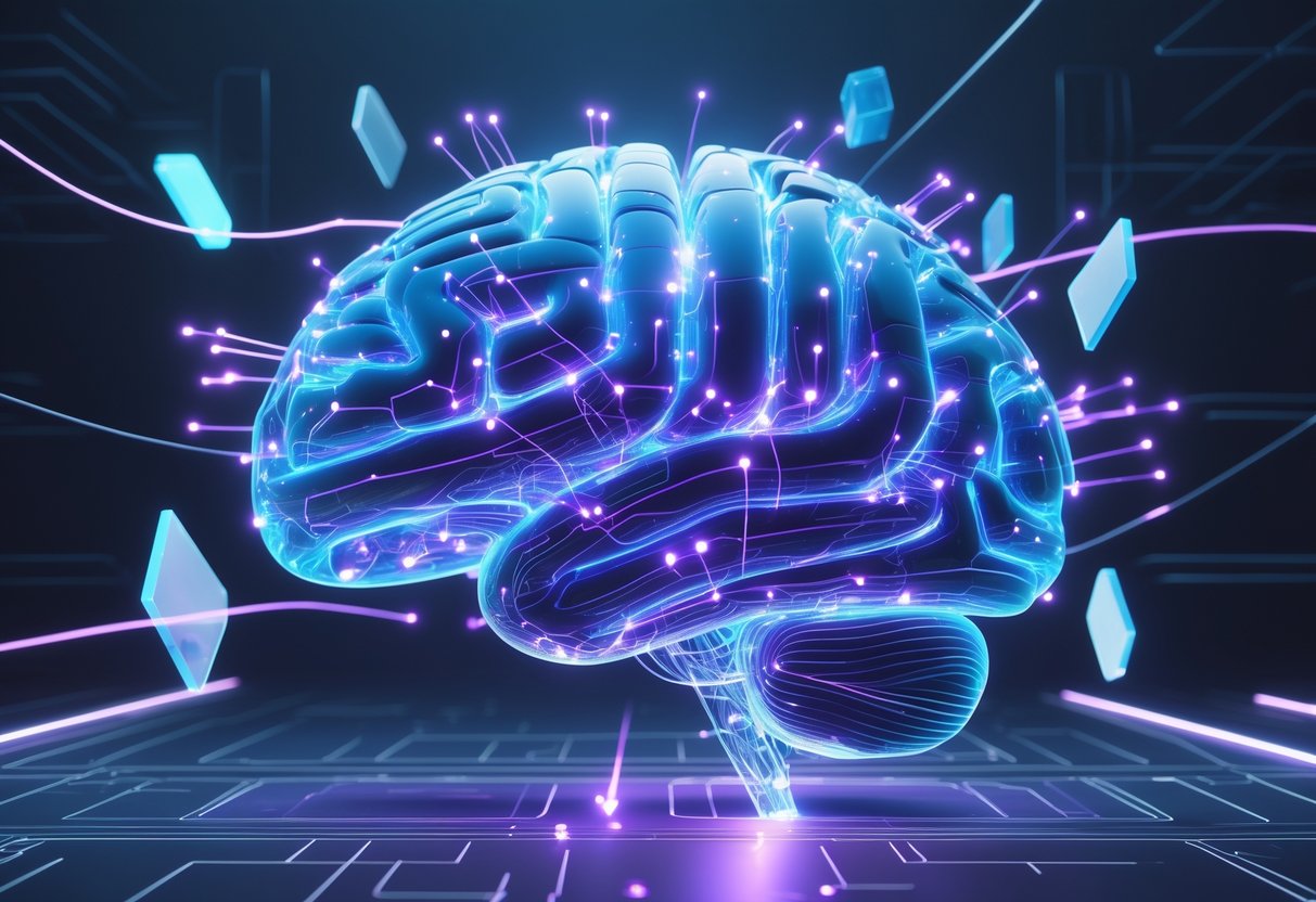A glowing 3D brain with connected circuits and light trails floating in a dark space, representing fast thinking and mental agility.