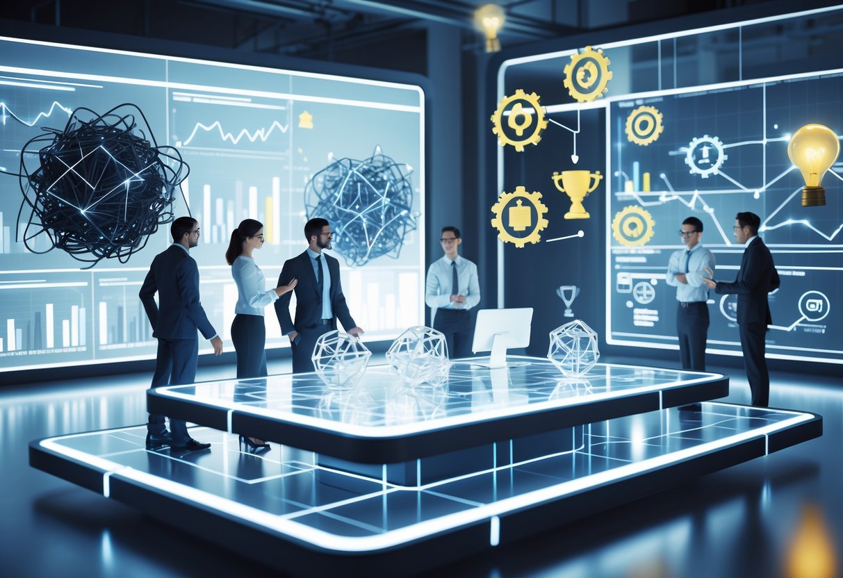 A group of professionals working around a holographic table showing dark shapes symbolising challenges and bright icons representing innovative rewards and solutions.