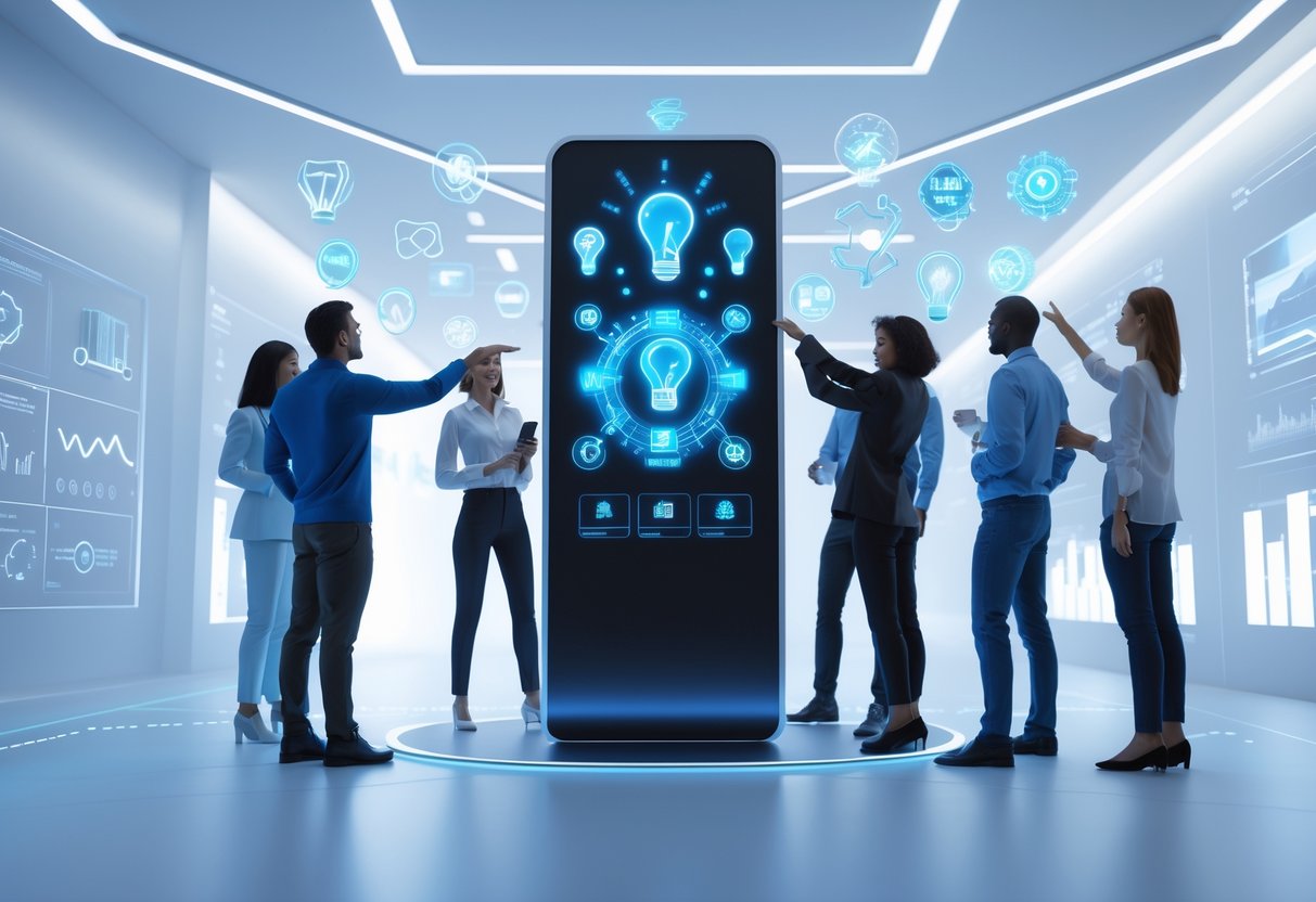 A futuristic digital display surrounded by holographic icons of ideas and trophies with people interacting in a modern office environment.