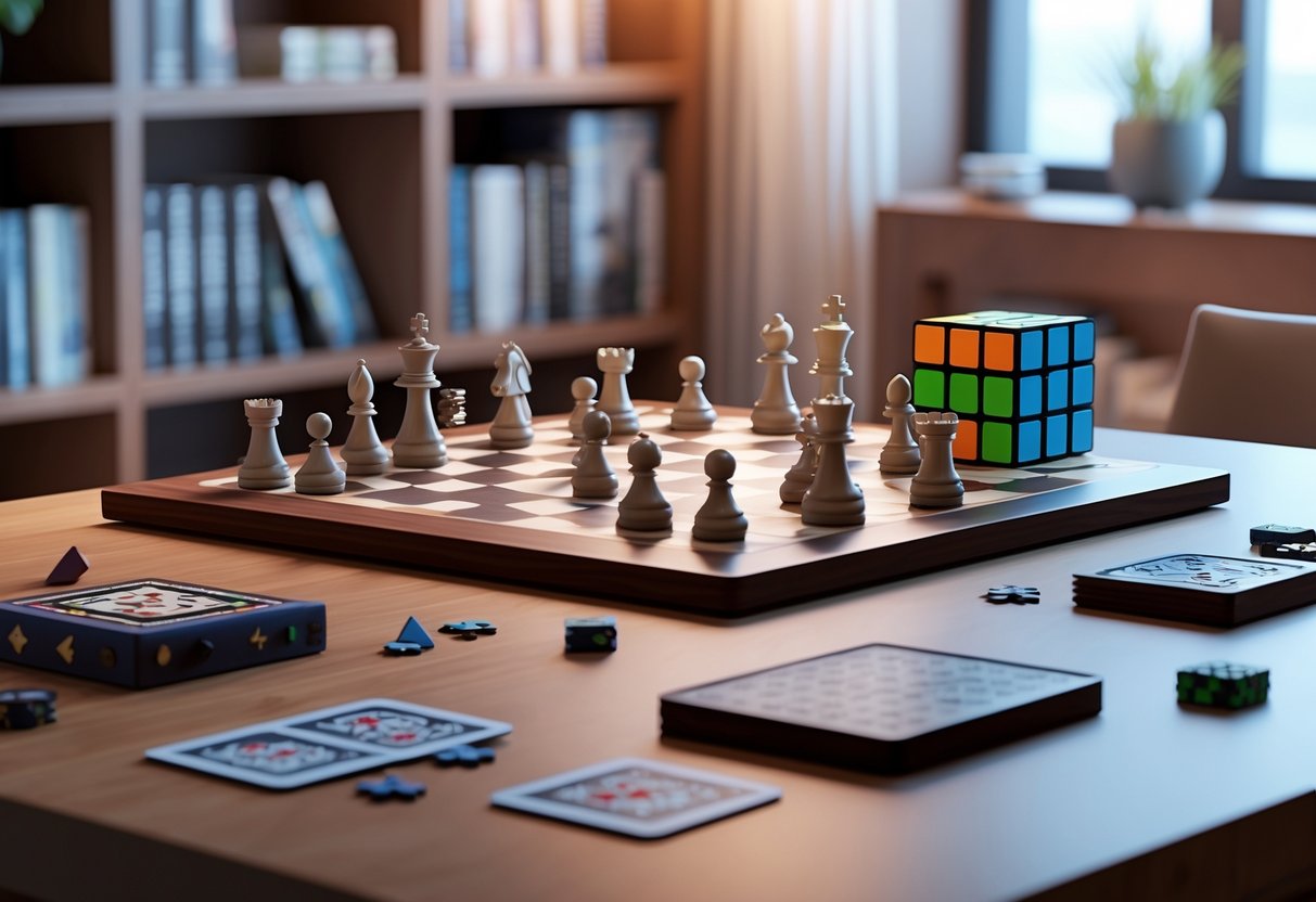 A tabletop with chess pieces, a Rubik's Cube, playing cards, and puzzle pieces arranged under soft lighting, next to a bookshelf filled with books.