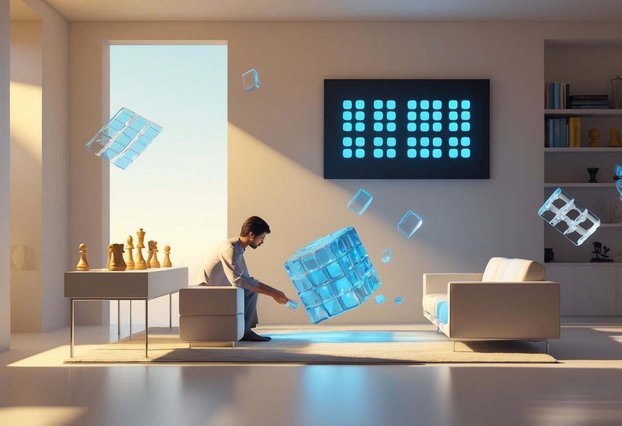 A person sitting at a desk in a modern living room, holding a glowing puzzle cube, with floating chess pieces and playing cards around them.