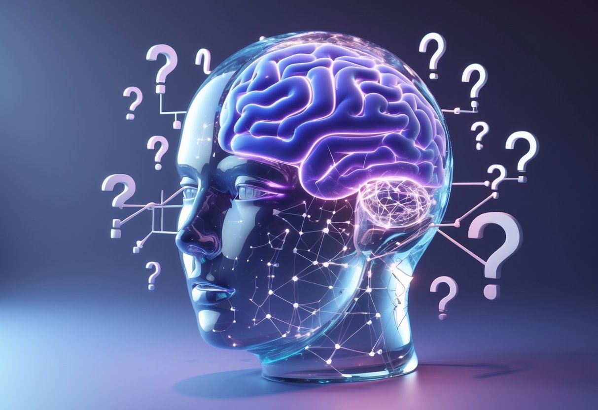 A transparent human head with glowing neural pathways and floating puzzle pieces inside, surrounded by question marks and game-like shapes against a dark blue and purple background.