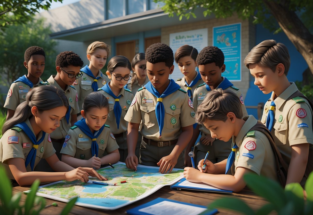 A group of students in scout uniforms learning outdoor skills near a school building, guided by an adult, surrounded by nature and educational materials.