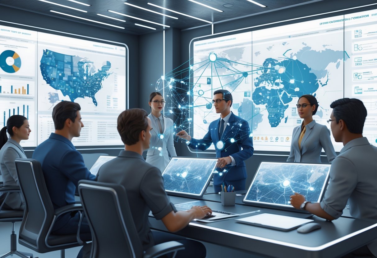 A group of people in a modern control room using holographic screens to make decisions based on scouting data.