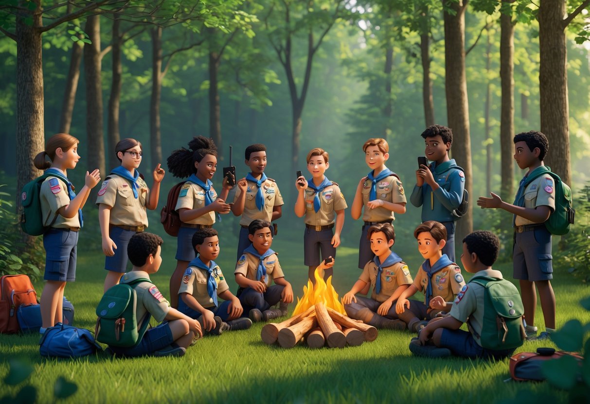 A group of scouts in a forest clearing communicating using speech, walkie-talkies, and sign language around a campfire.