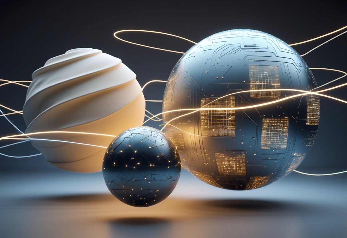 Three interconnected floating spheres of different sizes and textures connected by glowing lines, representing different levels of comfort and abstract concepts in a dark, softly lit space.