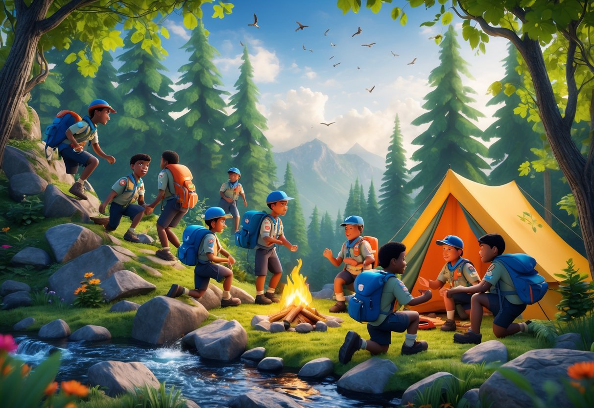 A group of young scouts exploring a forest, climbing rocks, setting up a tent, and sitting around a campfire surrounded by trees and mountains.