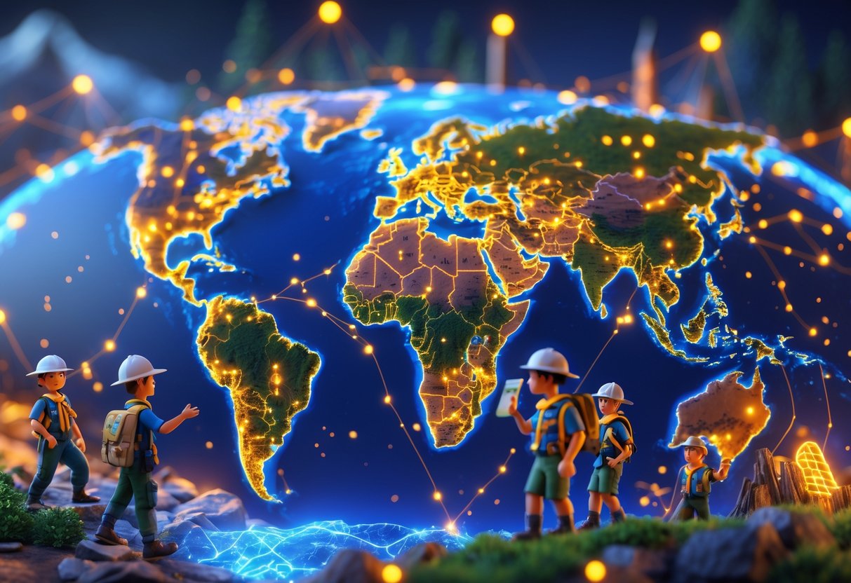 A 3D scene showing scouts from different backgrounds around a glowing world map, participating in outdoor and community activities with natural landscapes and landmarks in the background.