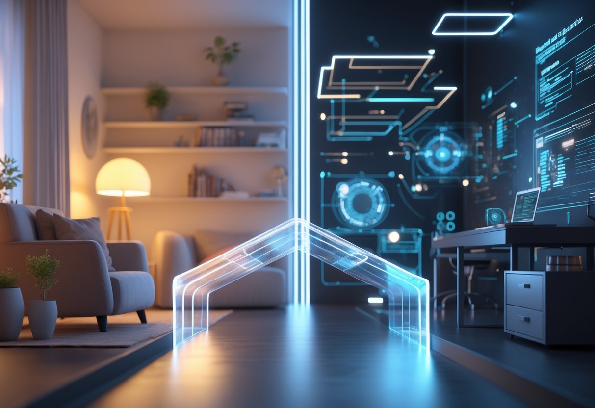 A 3D scene showing a warm, cosy living room on one side and a futuristic digital workspace with holograms on the other, connected by a glowing transparent bridge.