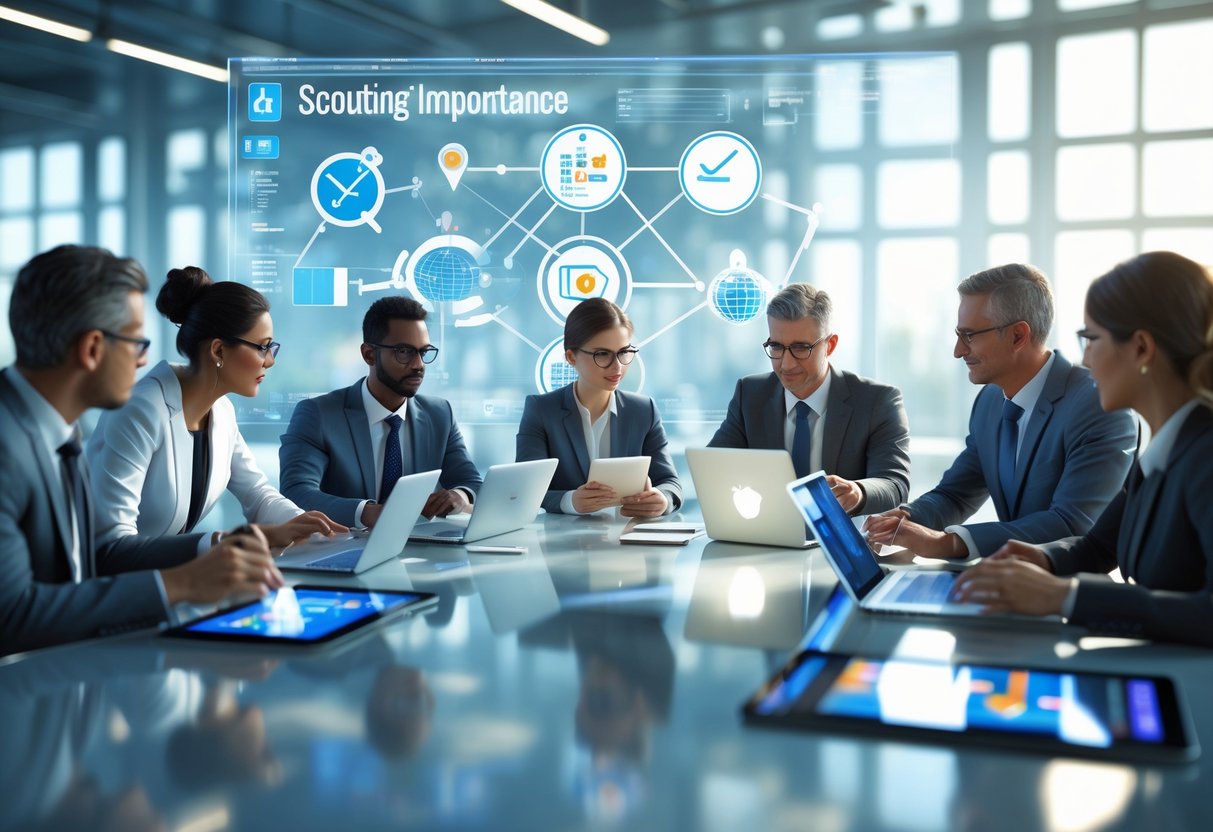 A group of people working together around a table with digital devices and holographic charts showing scouting-related icons and data in a modern office setting.