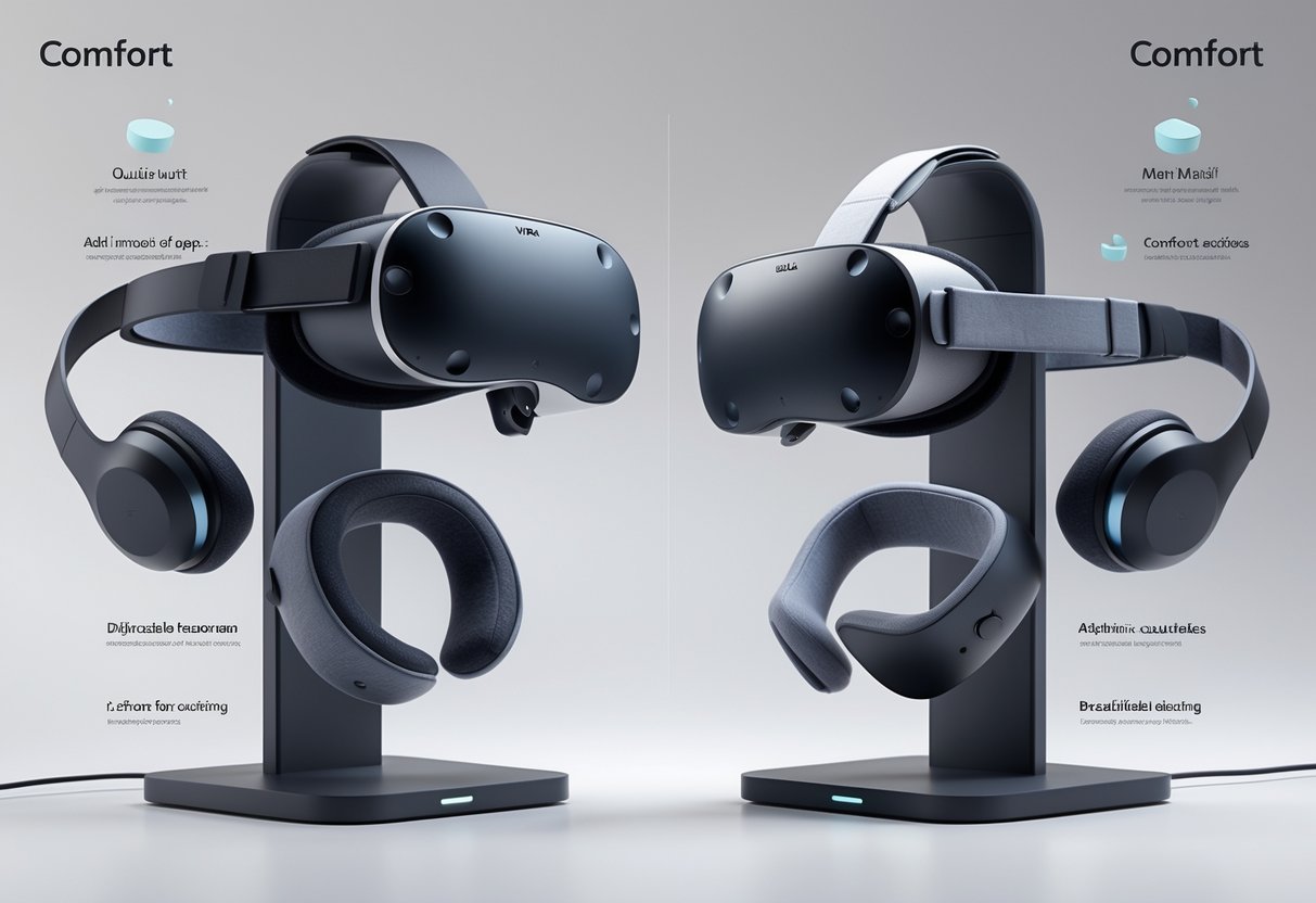Two virtual reality headsets with their accessories displayed side by side on stands, highlighting their padded straps and ergonomic features.