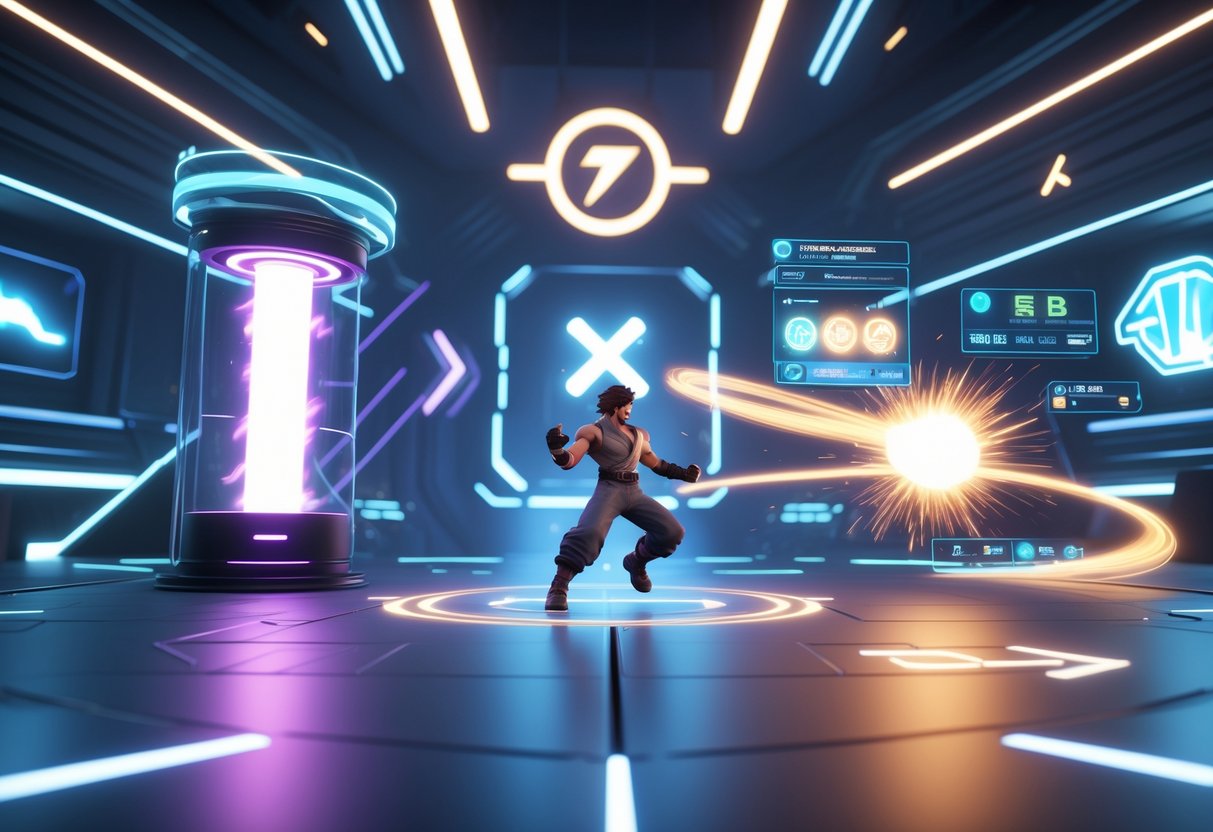 A vibrant 3D scene showing characters and energy effects representing comeback moments in video games, with glowing health bars and dynamic action in a futuristic arena.
