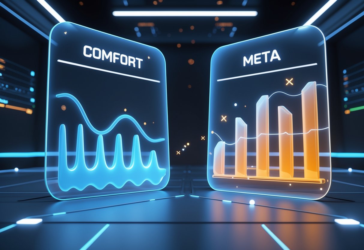 A futuristic 3D scene showing two glowing holographic graphs side by side, one smooth and flowing, the other sharp and angular, representing a comparison of comfort and meta in gameplay.