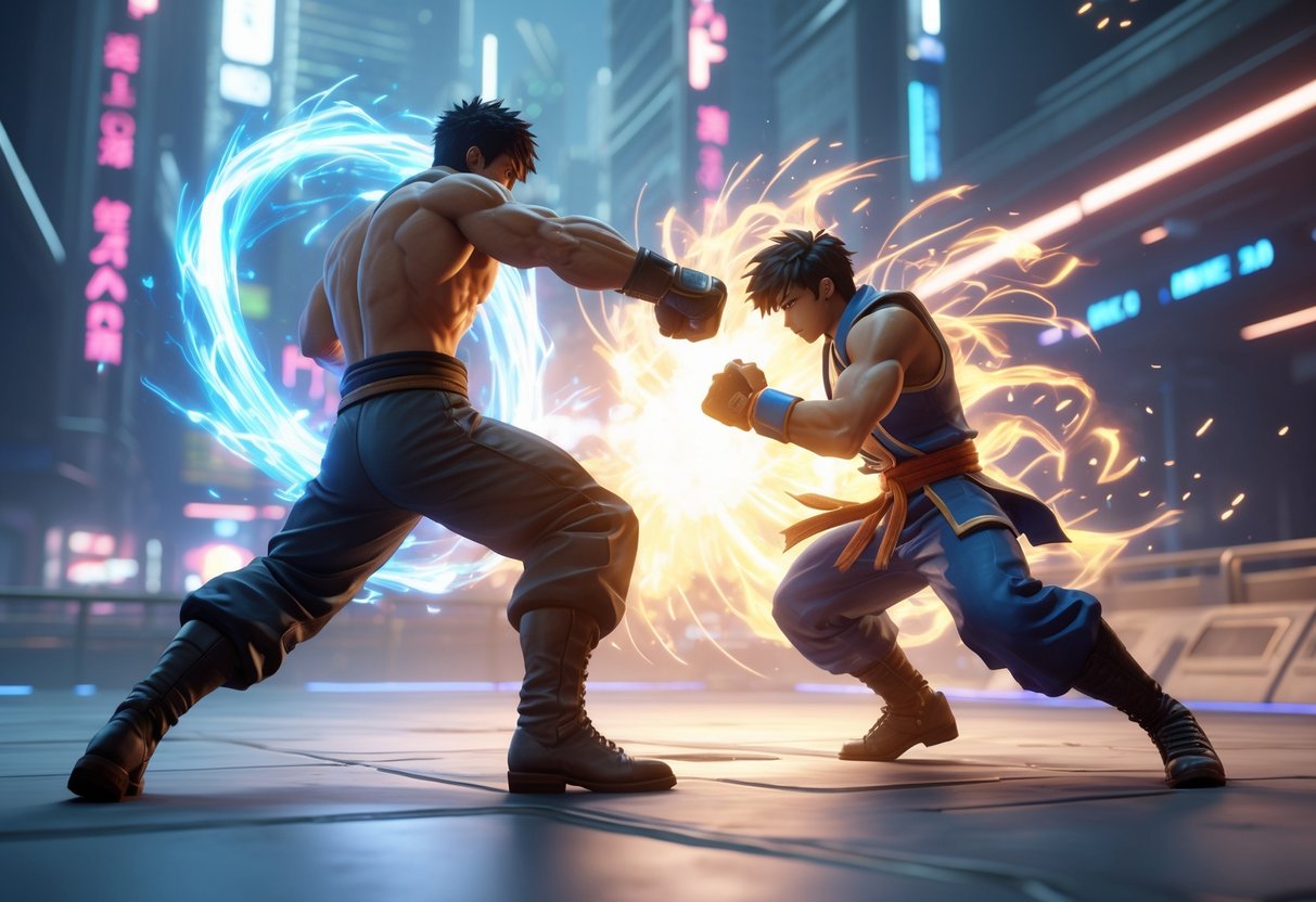 Two fighters engaged in an intense battle in a futuristic city arena, with one performing a powerful counterattack surrounded by glowing energy effects.