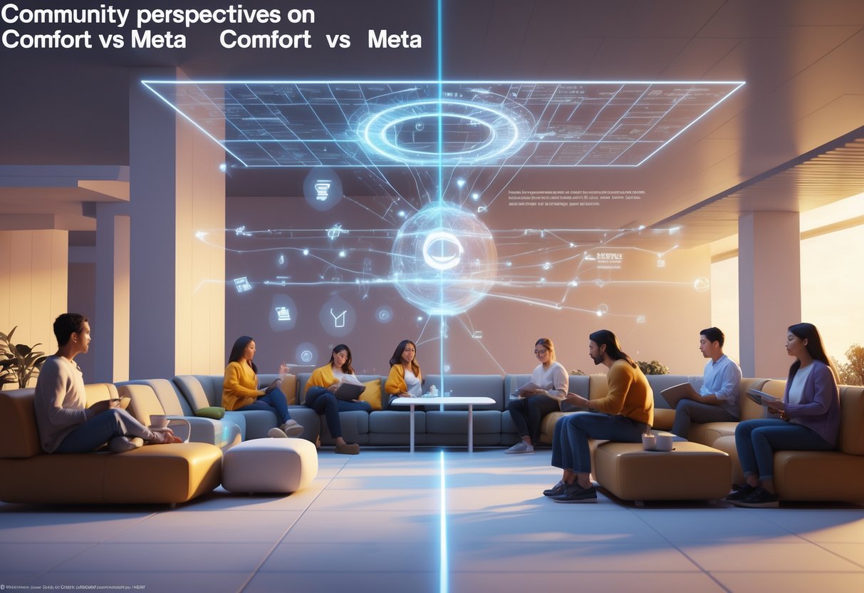 A group of people in a communal space with comfortable seating, gathered around a holographic display showing abstract symbols and glowing connections representing different levels of comfort and community interaction.