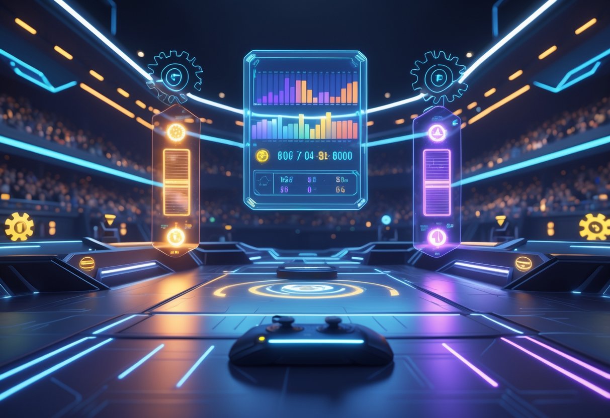 A futuristic game arena showing two teams with one leading and the other making a comeback, featuring a holographic scoreboard and visual elements representing game mechanics and shifting momentum.