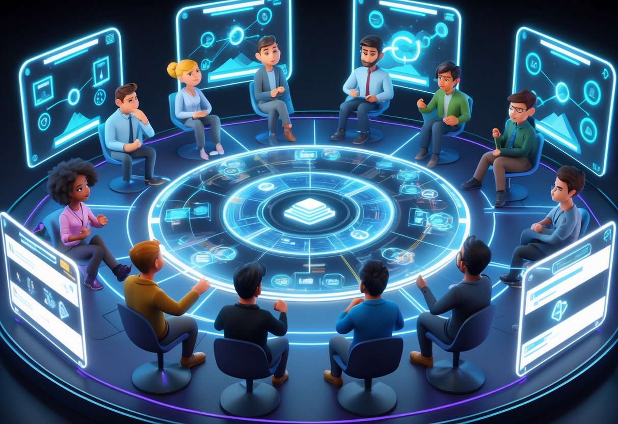 A group of diverse people gathered around a futuristic circular arena, discussing and analysing game mechanics with holographic displays and floating data visualisations.
