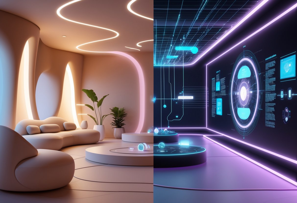 A futuristic scene showing a comfortable living space next to a digital virtual environment, connected by a blend of soft and high-tech elements.