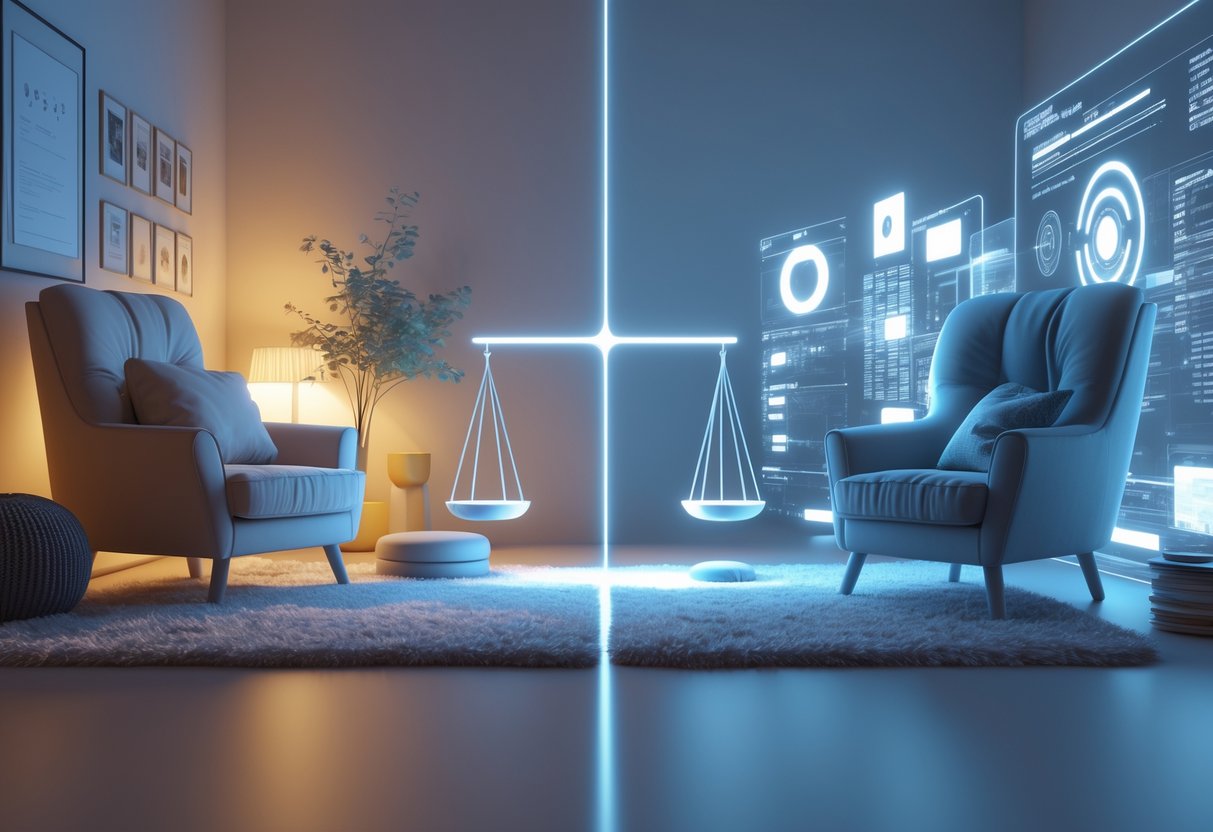 A 3D scene showing a cozy living room on one side and a futuristic digital environment on the other, connected by a glowing bridge.