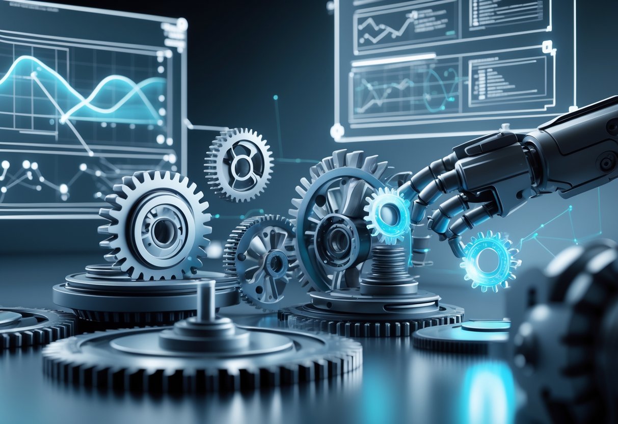 A 3D scene showing interconnected mechanical gears being repaired by robotic arms with glowing holographic diagrams floating around them.