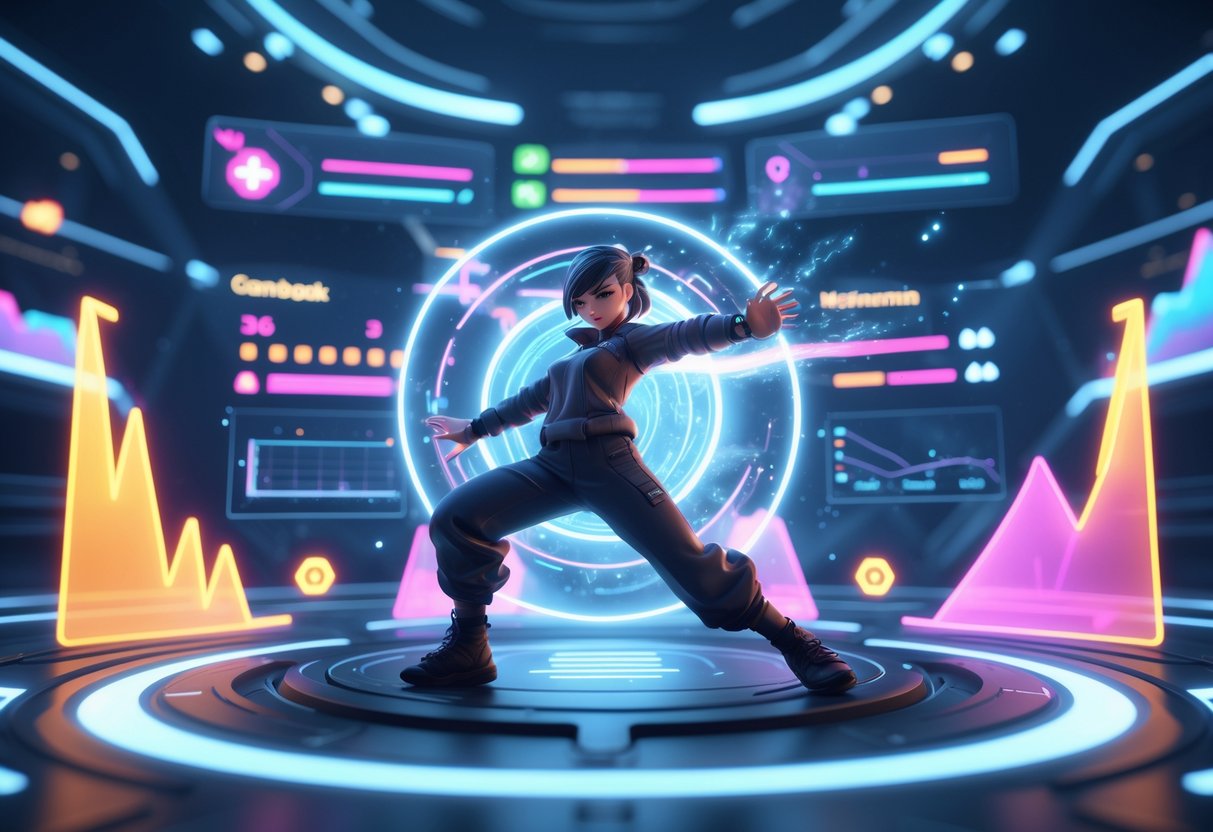 A 3D scene showing a character surrounded by glowing energy effects and floating charts in a digital arena, representing comeback mechanics in a game.
