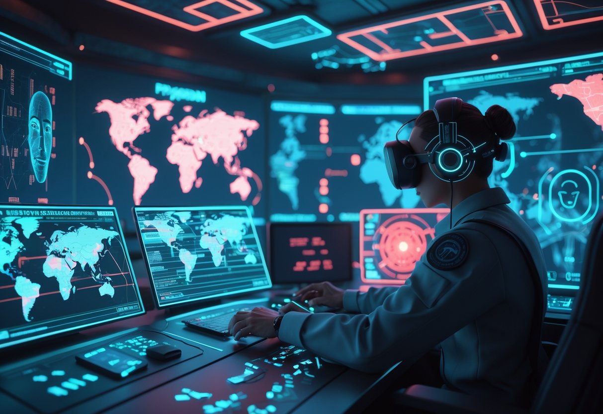 A person in a futuristic control room uses holographic screens showing brainwaves, maps, and digital patterns representing psychological warfare.