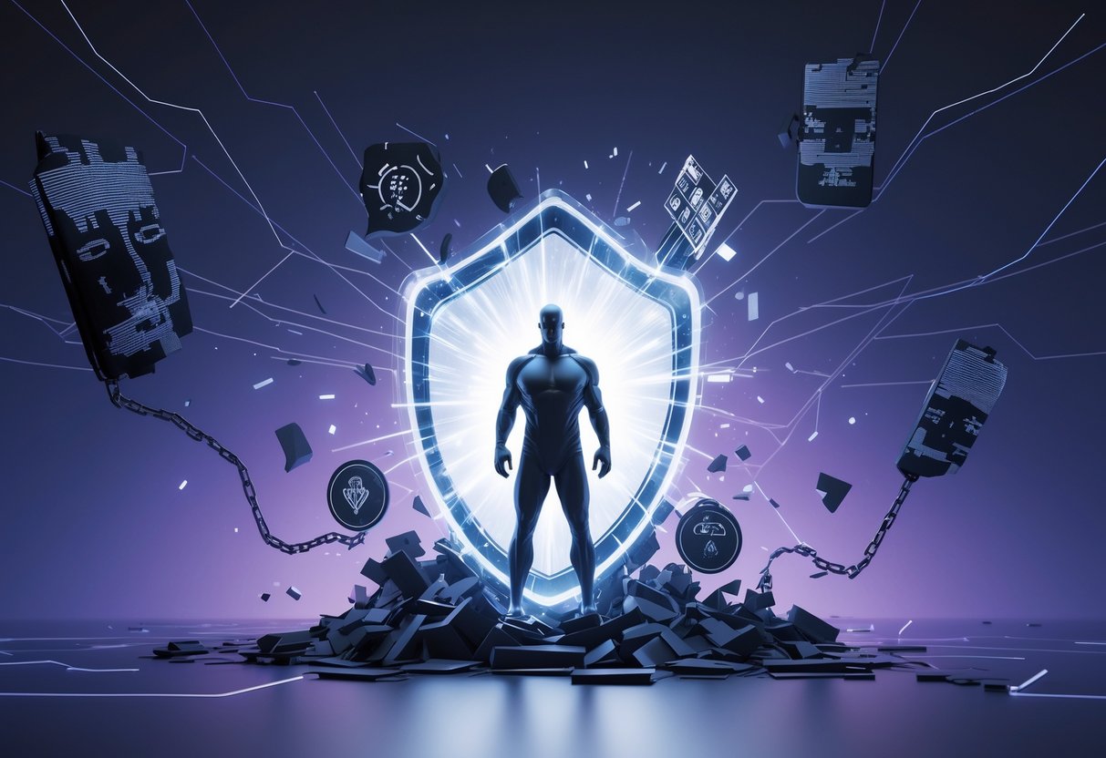 A person standing protected by a glowing shield, surrounded by dark swirling shapes and fragmented symbols representing psychological attacks.