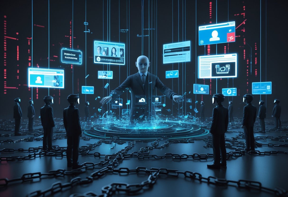 A dark digital scene showing a faceless puppet master controlling floating holographic screens with news and social media images, surrounded by shadowy figures wearing virtual reality headsets.